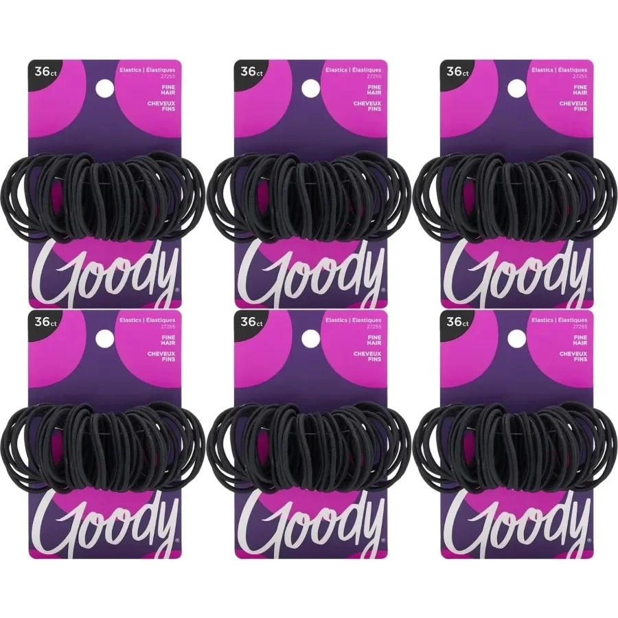 

(6-Pack) Black Hair Ties, Ponytail Holders, 2mm Hair Ties, 36 Count, Damage-Free Styling, For Fine Hair