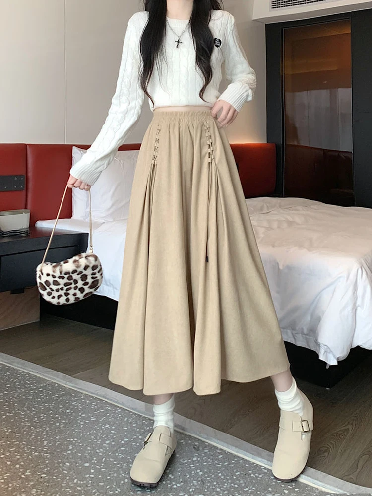 Vintage Corduroy Women Midi Skirts Y2K Autumn Winter High Waist Lace Up Pleated Skirt Ladies Streetwear All Match A Line Skirts