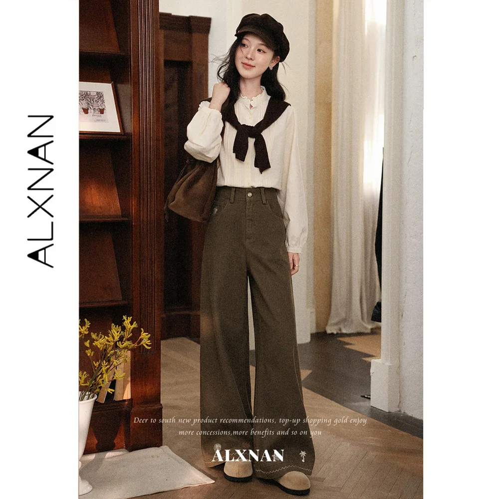 ALXNAN 2026 Fall Brown Jeans High Waist Draping Effect Wide-leg Women's Long Pants Cotton 100% Casual Denim Pants L678102A