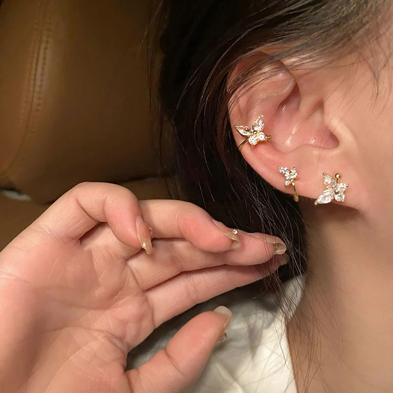 1Pair Shinning Zircon Big/Small Butterfly Ear Clip Earrings Crystal No Piercing Ear Cuff Women Fake Piercing Ear Wrap