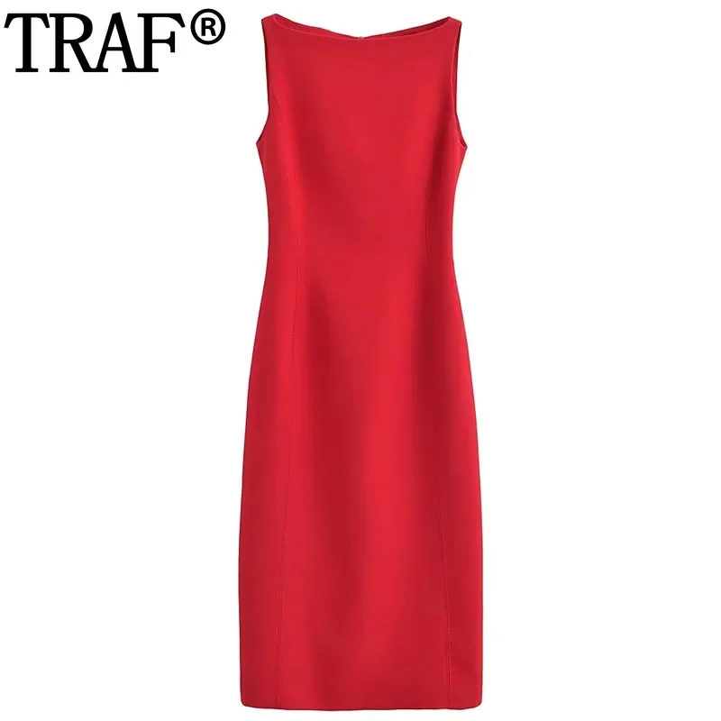 TRAF Tank Red Midi Dress Woman Sleeveless Long Dresses For Women Casual Simple And Elegant Formal Dress Slit Party New Dresses