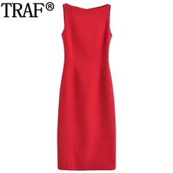 TRAF Tank Red Midi Dress Woman Sleeveless Long Dresses For Women Casual Simple And Elegant Formal Dress Slit Party New Dresses