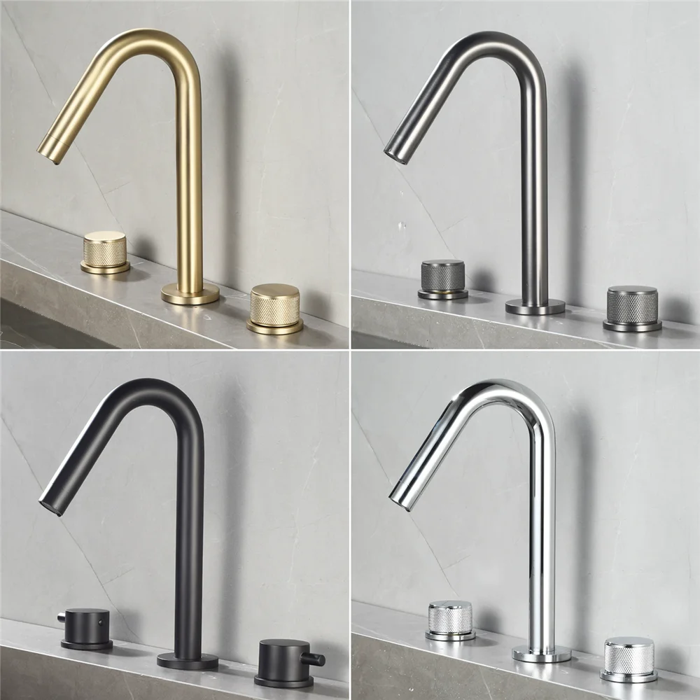 Brushed Gold Basin Faucet Widespread Bathroom Faucet Black Sink Tap Brass Bathroom Sink Faucet 3 Hole Gray Hot Cold Water Tap