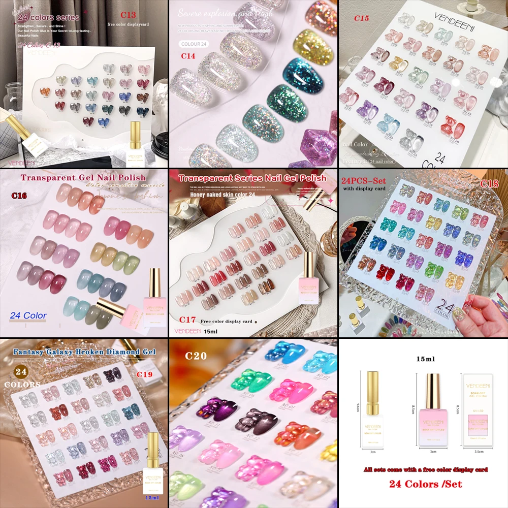 

Vendeeni 24 цвета/компл. блестящий сломанный бриллиант прозрачный кристалл магнитный гель-лак для ногтей «кошачий глаз» с цветной картой TPO/HEMA FREE