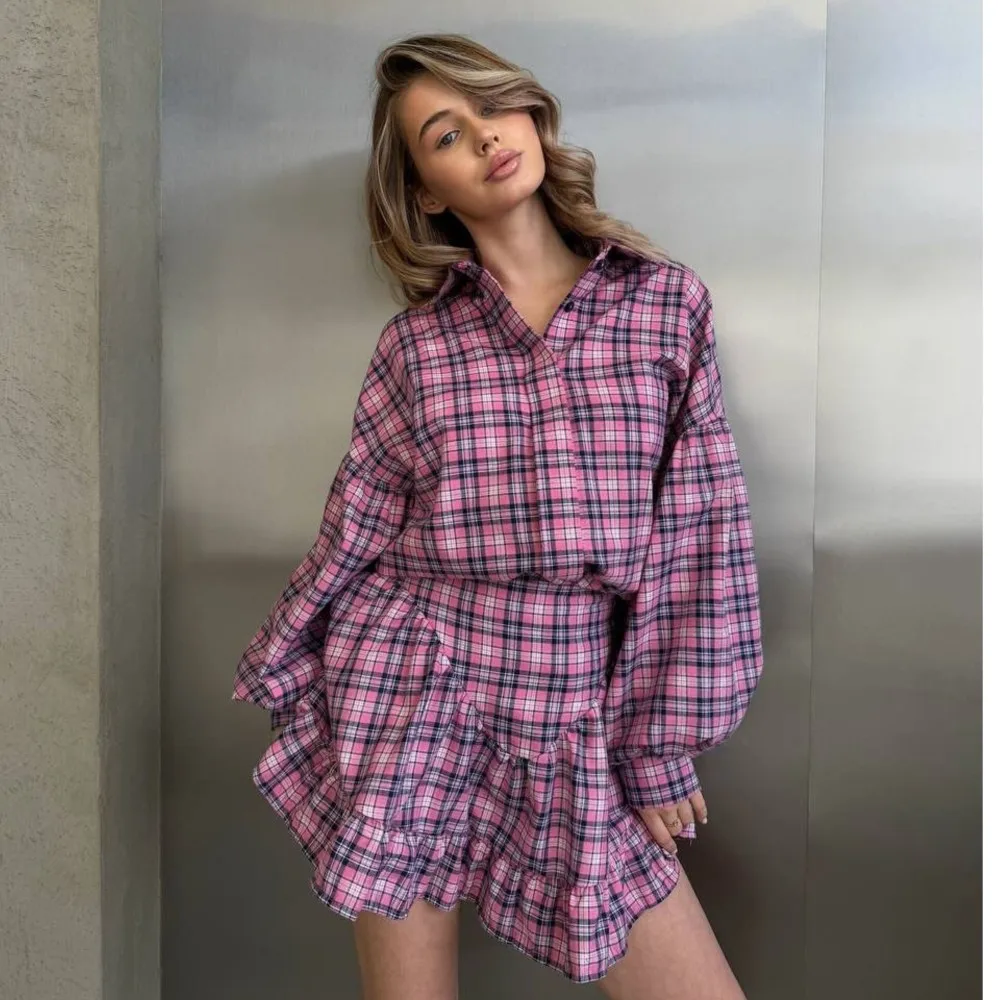 

Women's shirt printed plaid puff long-sleeved top + skirt 2-piece set Spring autumn new style fashion ruffled skirt suit woman
