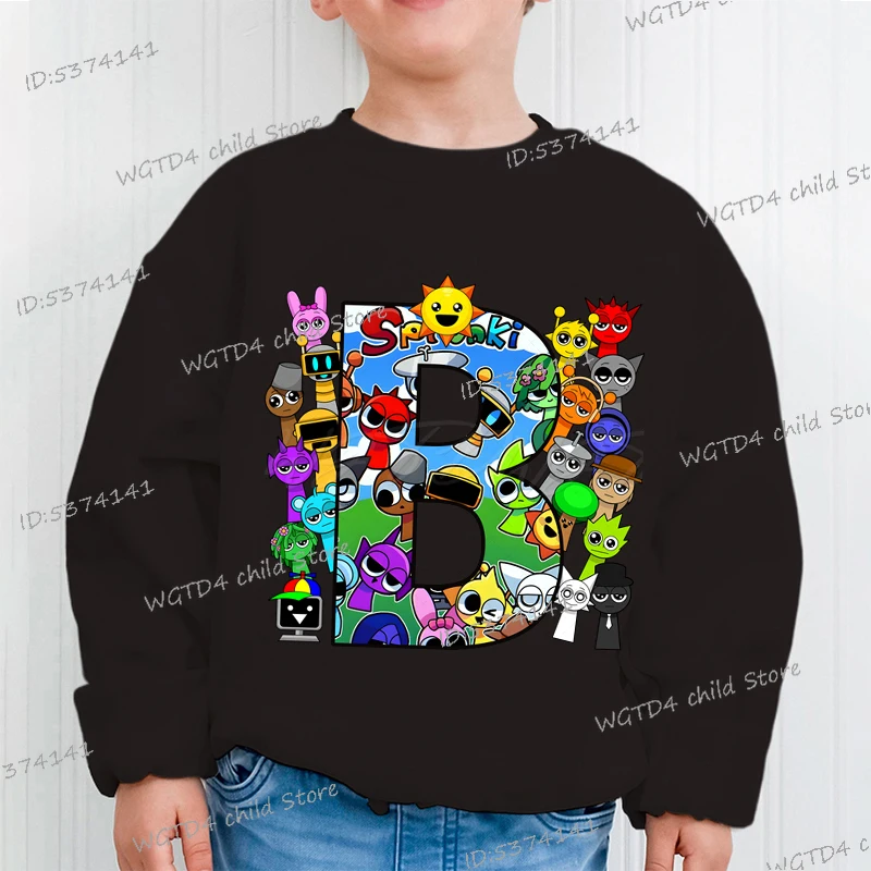 سويت شيرت أسود Sprunki Kawaii الأبجدية ملابس أطفال موضة بنين بنات كم طويل بدون غطاء للرأس بلوفر كارتوني لعبة الرعب
