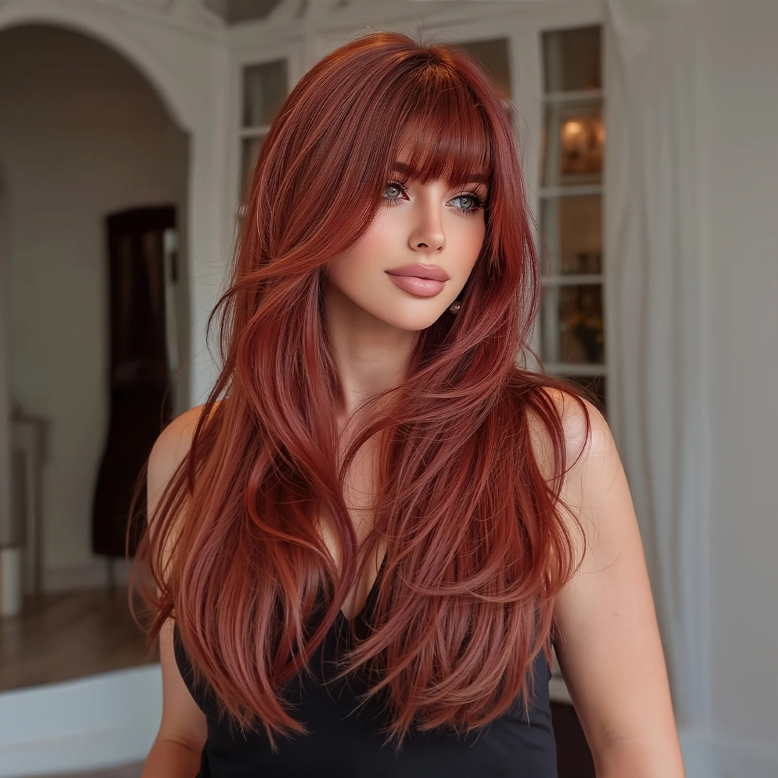 24-inch premium wig with bangs, suitable for women's daily commuting, dates, and parties