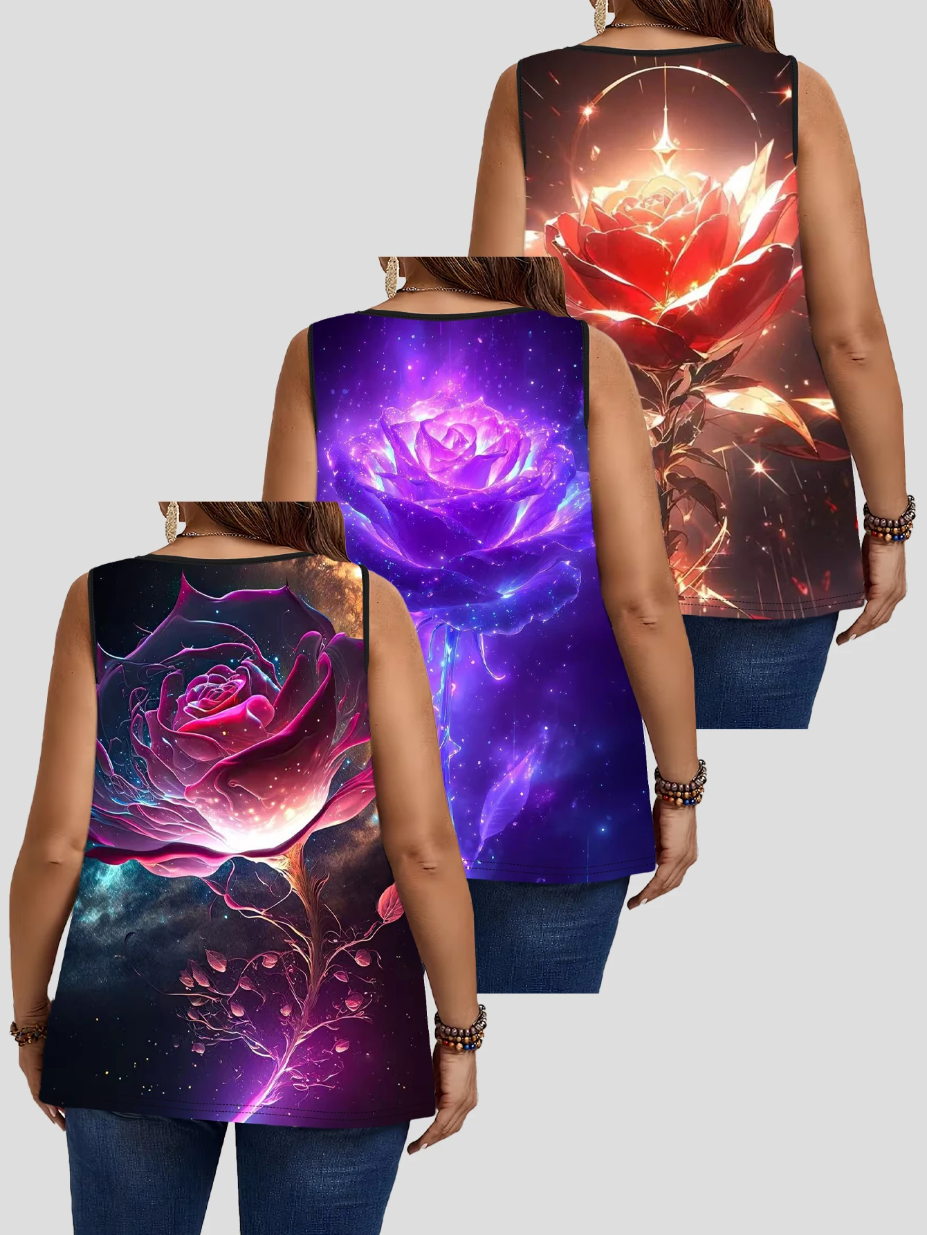 3-Piece Set of Plus-Size Sleeveless Vests｜Dreamy Luminous Rose Print Loose-Fitting Round-Neck Casual Women's Tops for Outerwear