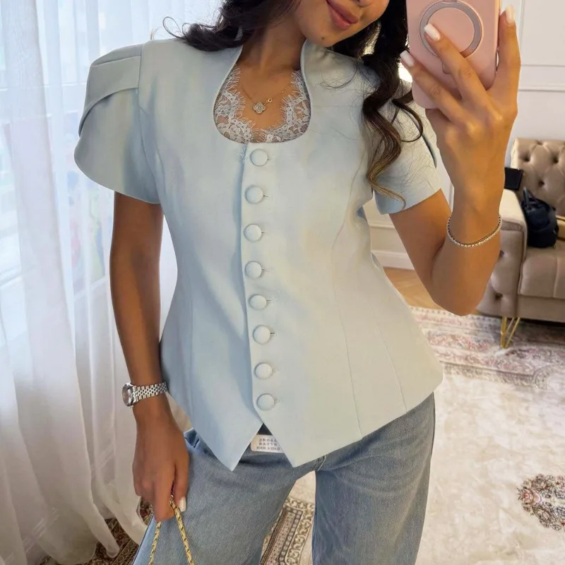 Fotografia 3: Blazer Feminino Tuularose com Renda e Patchwork, Jaqueta de Manga Curta, Casual e Elegante para Primavera e Verão