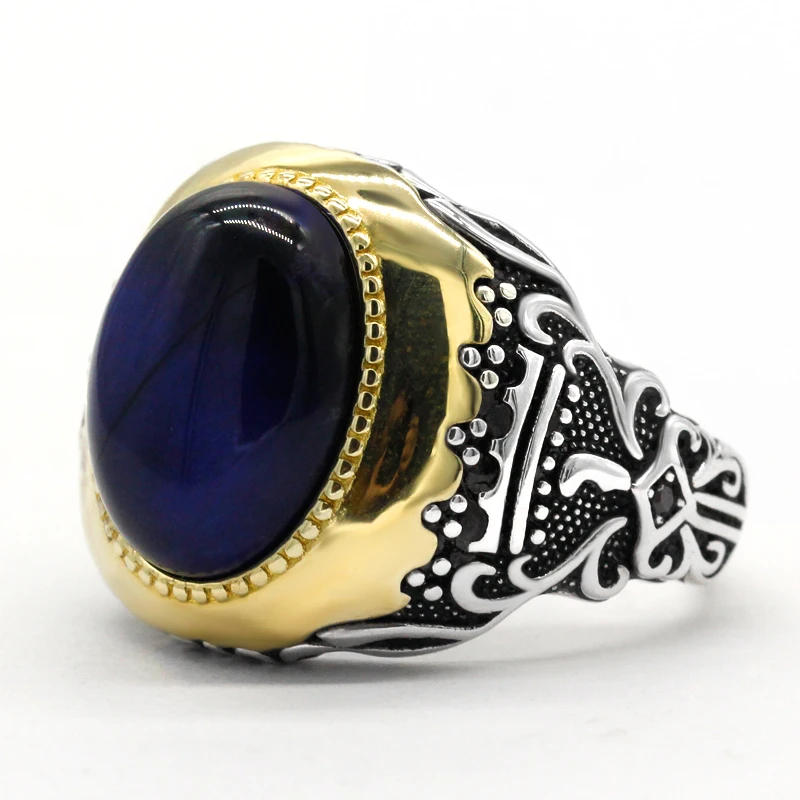 

Genuine Pure Men's Ring Silver s925 Vintage Classic Turkish Rings Men's Natural Blue Tiger Eye Turkish Jewelry Ring for Woman