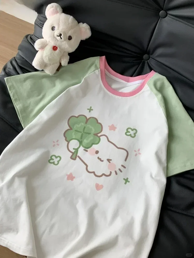 

Funny Cartoon Print Y2k Aesthetic Tees Japanese Grunge Loose Contrast Color Patchwork T-shirts 2025 Summer Casual Vintage Tops