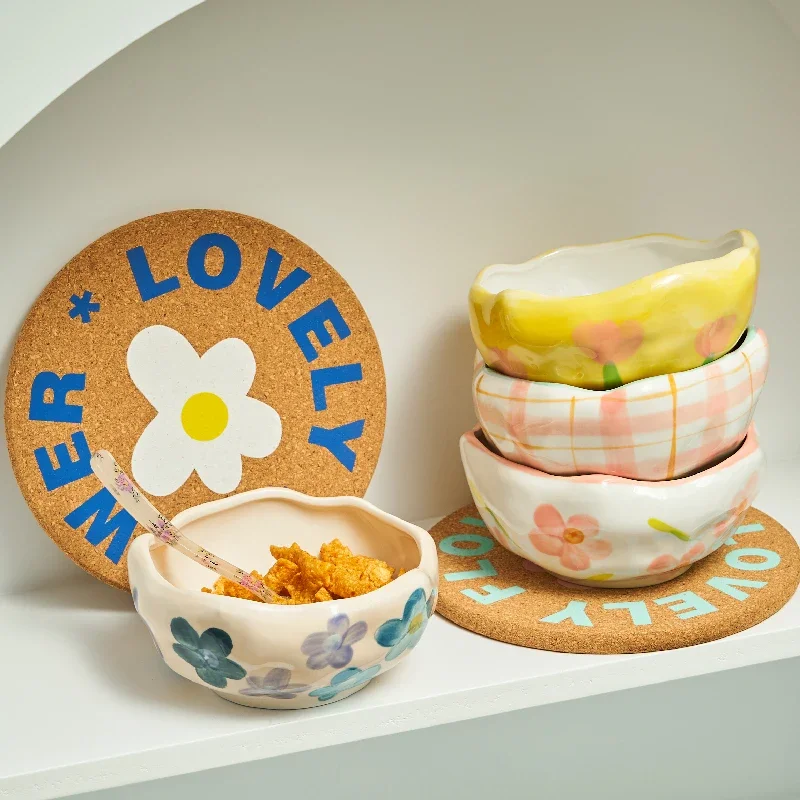 Creative hand pinched irregular ceramic bowl ins style girl heart lovely dessert yogurt bowl breakfast oatmeal bird's nest bowl