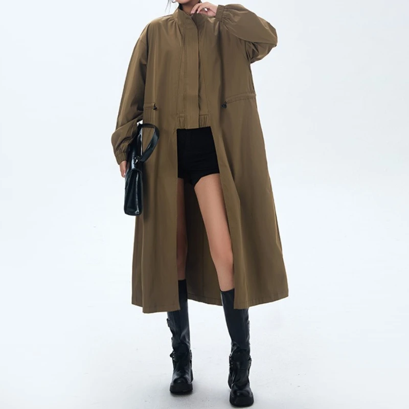 Women Work Irregular Trench Coats Maxi Long Jacket Full Sleeves Stand Collar Zipper Loose Fit Elegant Casual 2025 Autumn Winter
