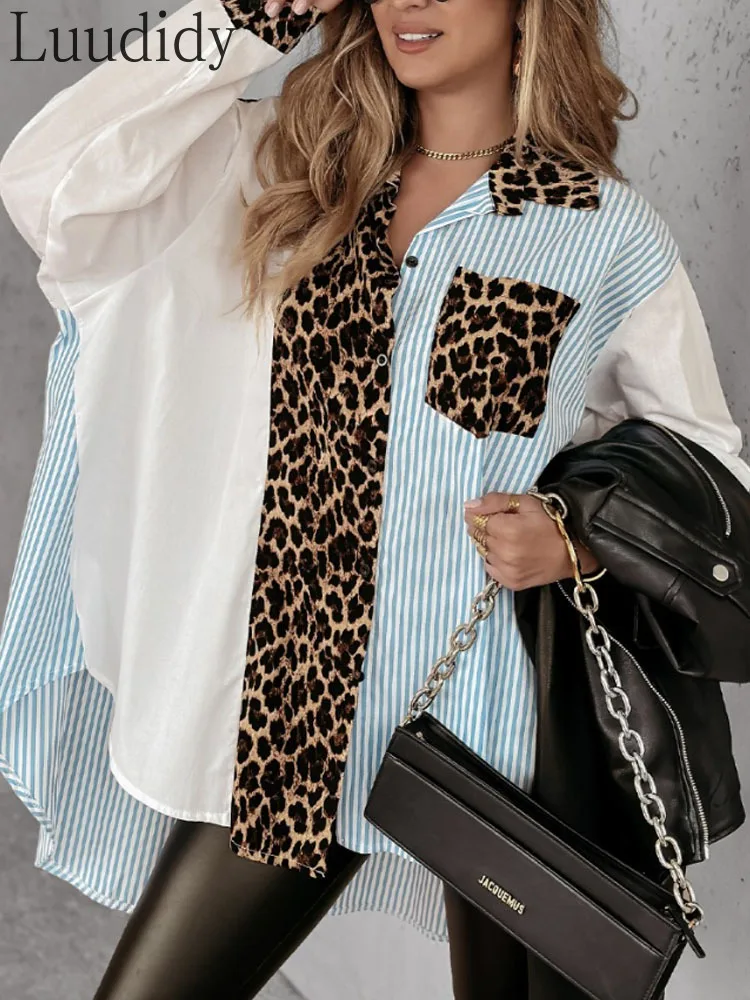 Women's Casual Leopard Print Striped Loose Fit Casual Blouse Button Front Shirt