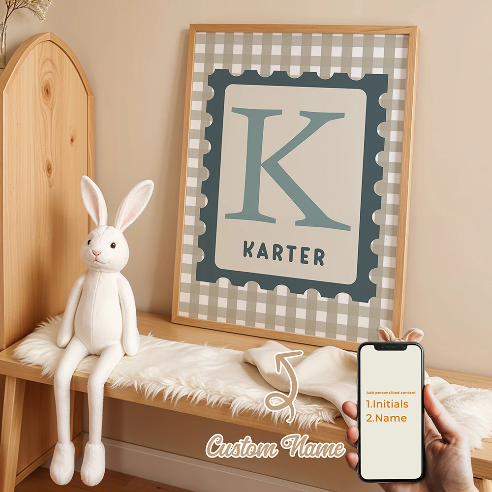 1 Stück Personalisierter Cartoon-Karomuster-Namens-Wandkunstdruck Bild Leinwand-Poster Gemälde Wohnzimmer Kinderzimmer Heimdekoration