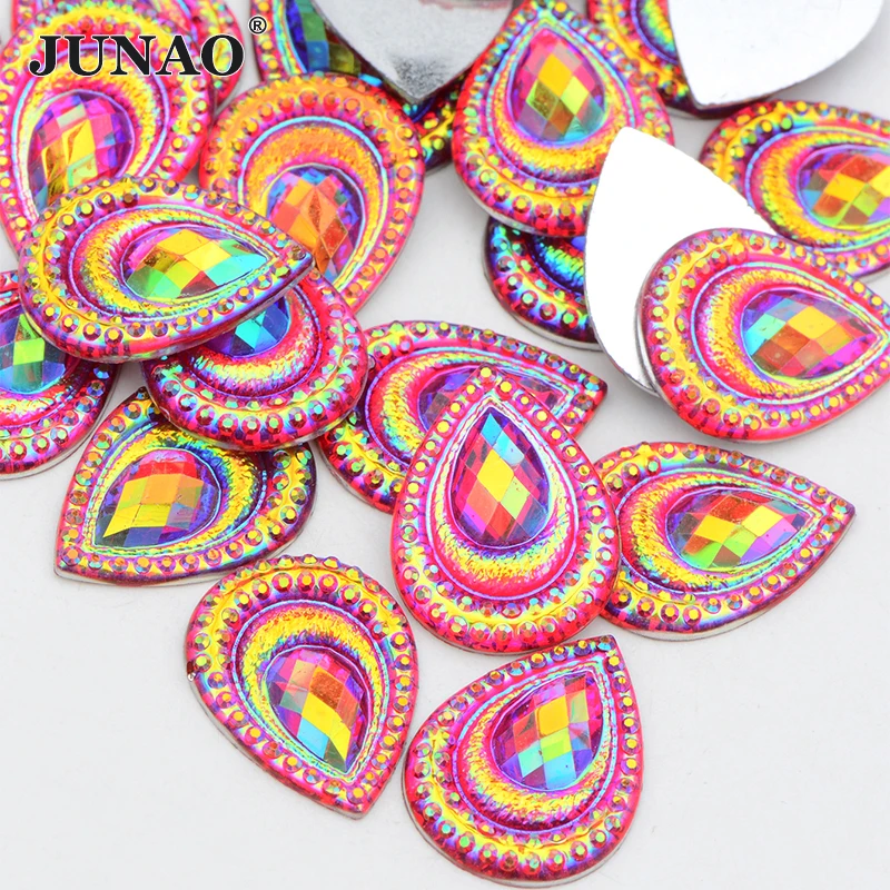 JUNAO 7*21mm 13*18mm 18*25mm Red AB Flatback Resin Drop Rhinestones Non Sewing Strass Applique For DIY Crafts Decoration