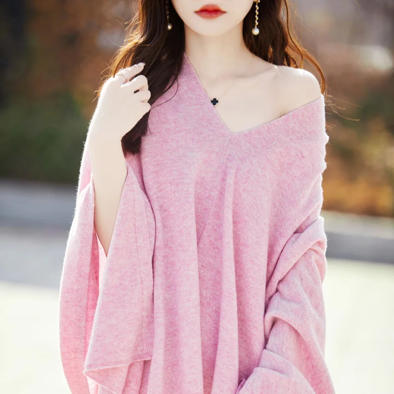 Solid Color Wool Shawl Women's V-Neck Pullover Scarf Fashionable Loose Outer Knitted Cape 100% Pure Wool Sweater Top Korean