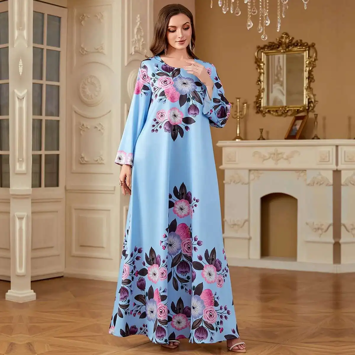 

4276 Fashion Digital Print Women's Round Neck Long Sleeve Casual Arab Dress Robe Abaya Ramadan Dubai Luxury Islam Elegant