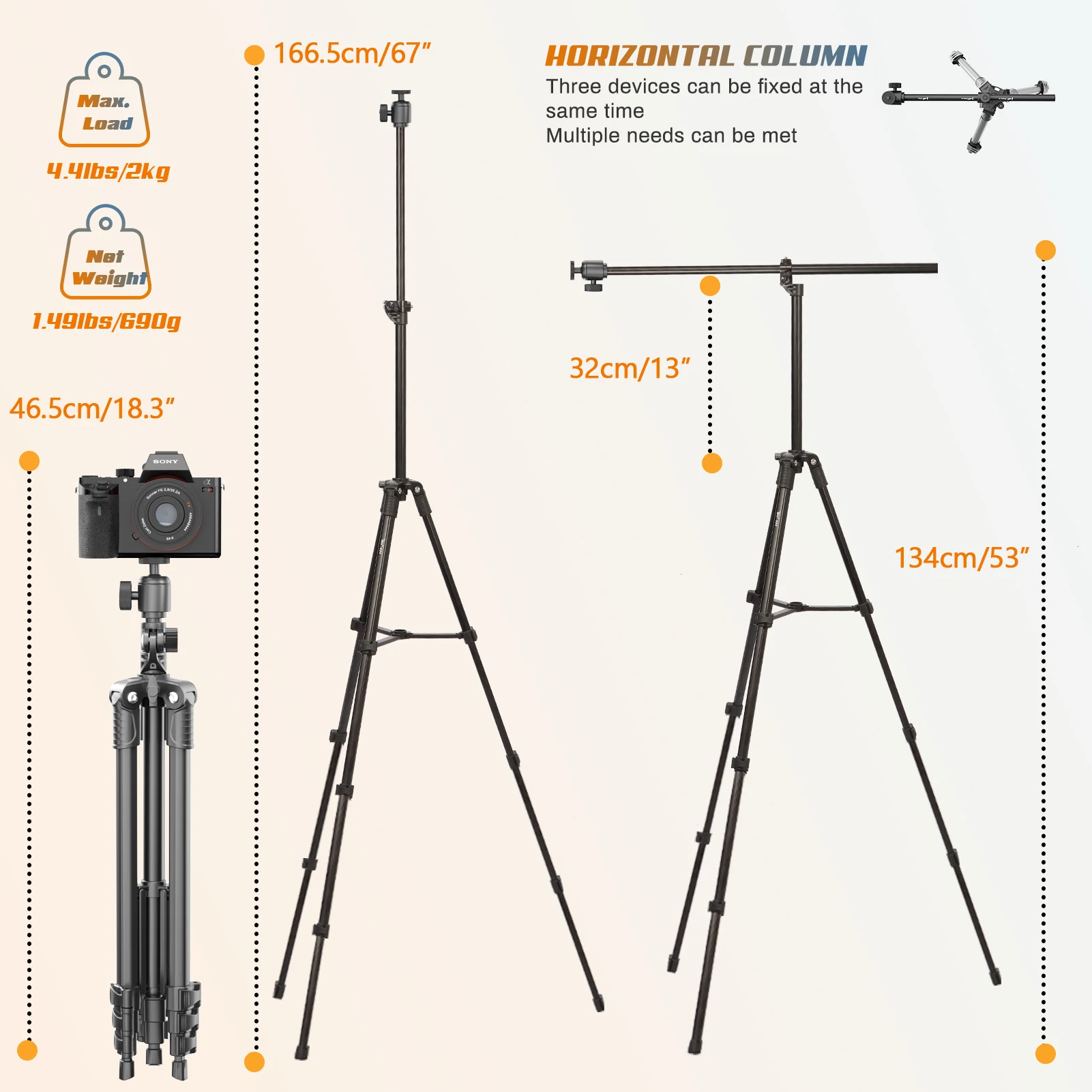 Professional Horizontal Tripod for Phone Camera Flexible Aluminum Tripod with Extended Arm Bluetooth for Canon Nikon Sony DSLR