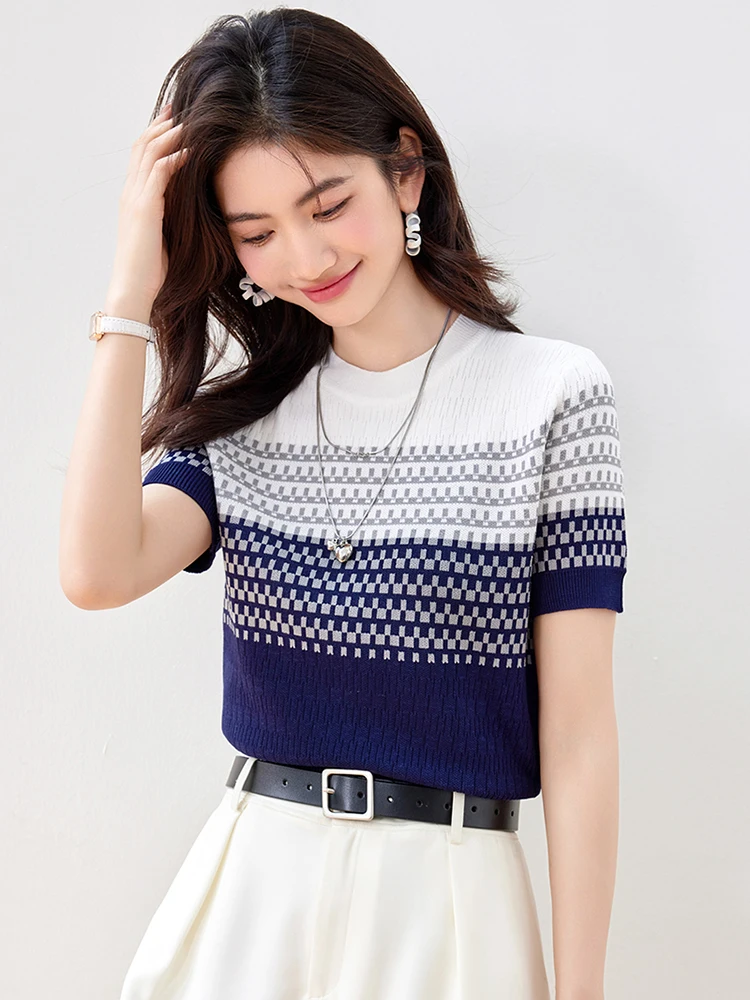 Korean Style Fashion O Neck Contrast Color Striped Tops 2024 New Summer Casual Short Sleeve Knitted T-Shirt