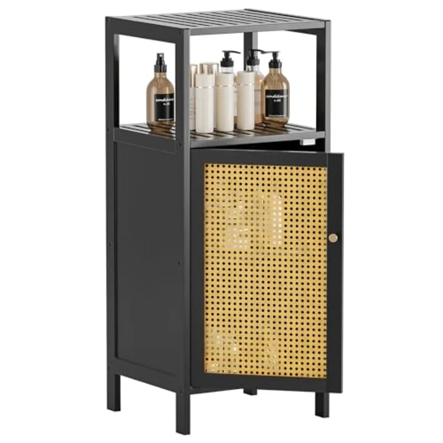 

Bathroom Storage Cabinet Rattan Small Bamboo Floor Cabinet with Single Door and Open Shelf Freestanding Narrow Cupboard for Liv
