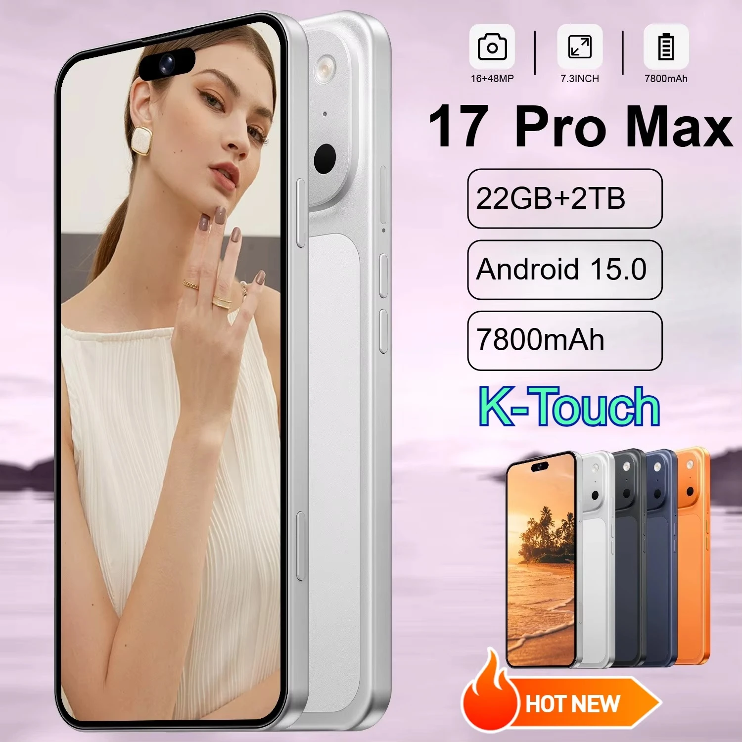 K-Touch NEUES Smartphone Android 5G für 17 Pro Max Smart-Mobiltelefone Dual-SIM 22G+2TB 7,3 Zoll HD Handy Gesichtsentsperrung 16+48MP 4G 5G Dual-SIM 7800mAh Akku HOT