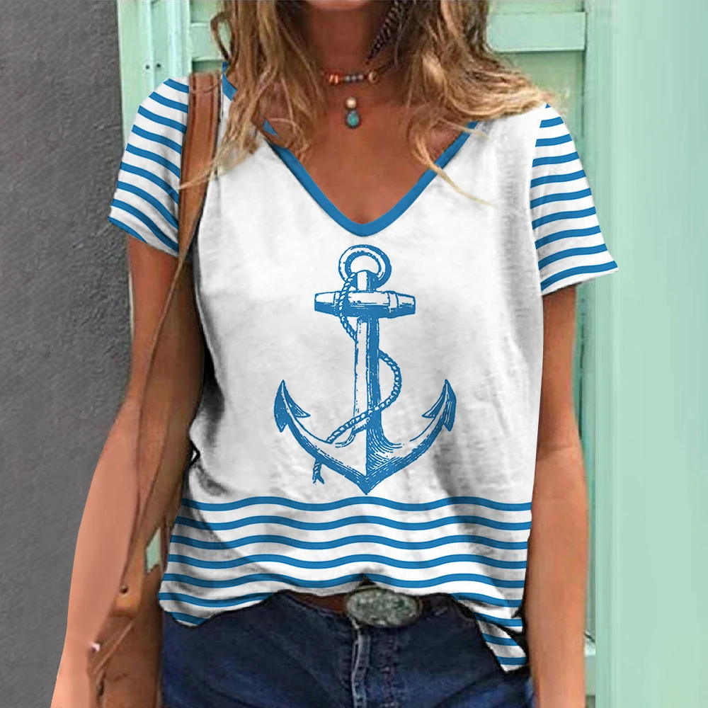 Boat Anchor Pattern Print Women's T-Shirts Top Short Pullover Sleeved Fashion Casual O-Neck Oversize Tee Shirt Female Clothing