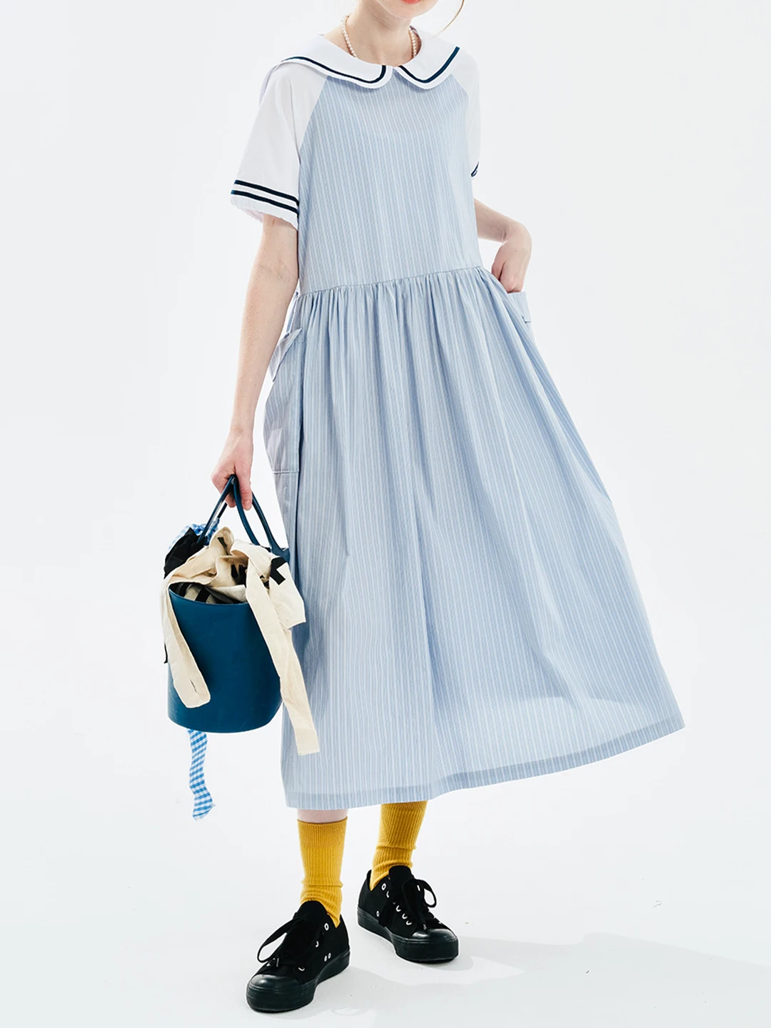 imakokoni 2024 summer new item contrasting splicing vertical stripe navy neck loose dress 244732