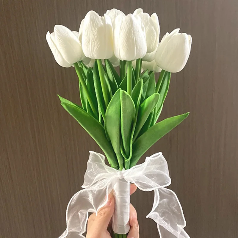 5pcs Artificial Tulips White Flowers Real Touch Bouquet PU Fake Flower Wedding Home Living Room Christmas Valentine's Day Decor