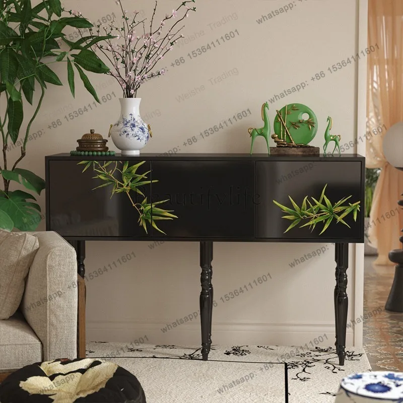 Chinese hand-painted lacquer porch cabinet, storage against the wall, black decorative locker