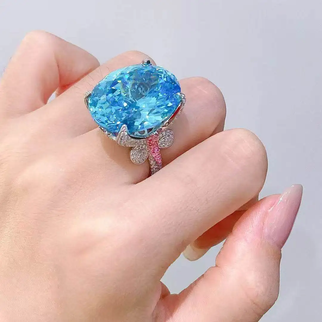 

большое кольцо с кубическим цирконом синего цвета, серебро 925 пробы с коктейльным кольцом с кубическим цирконом, роскошные ювелирные изделия