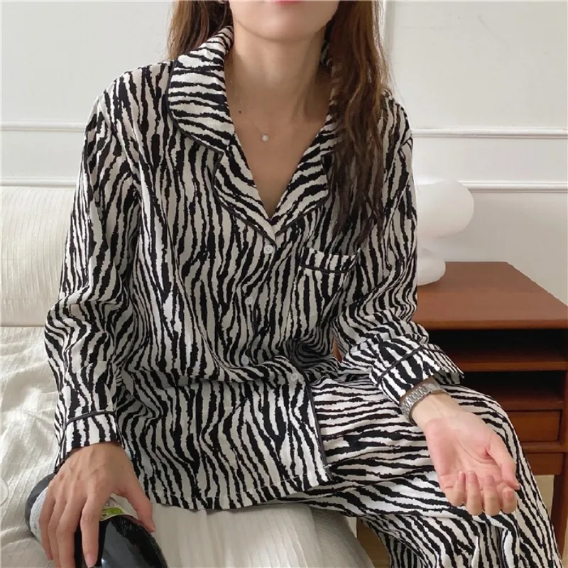 Women's Pajamas Set Zebra Striped Summer Autumn Cardigan Lapel Sleepwear Pyjama Ladies Cartoon Pijama Mujer 2 Piece Pjs Homewear