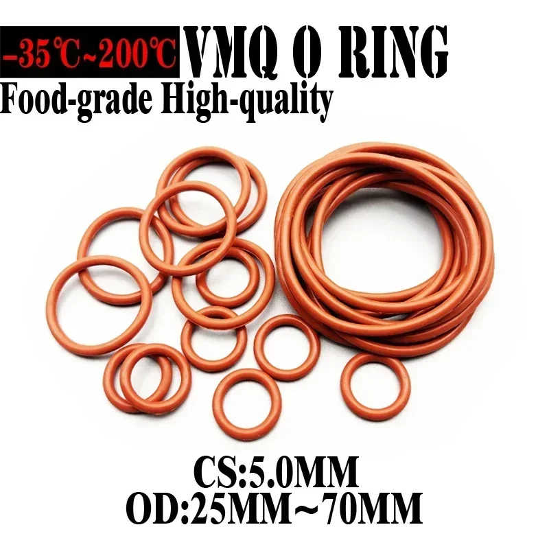 20Pcs VMQ Food Grade Red Silicone O-Ring CS5mm OD25~70mm  Washer Gaskets Waterproof Heat-Resistant Corrosion resistant non-toxic