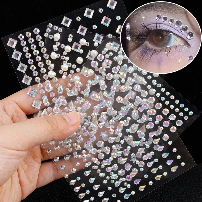 1/4pcs 3D Shiny Rhinestone Stickers Pearls Diamond Makeup Self Adhesive Drop-shaped Crystal Heart Tattoos Eye Face Decoration