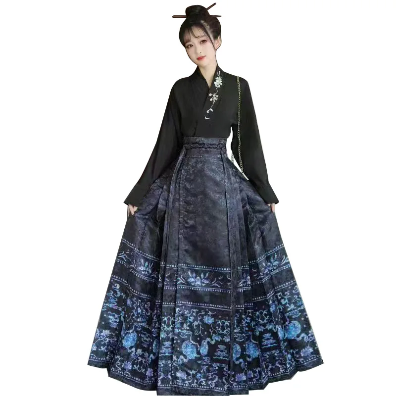 Chinese Style Traditional Pleated Skirt Black Mamianqun Hanfu Fashion Horse Face Skirts Women Modernized Daily Hanbok