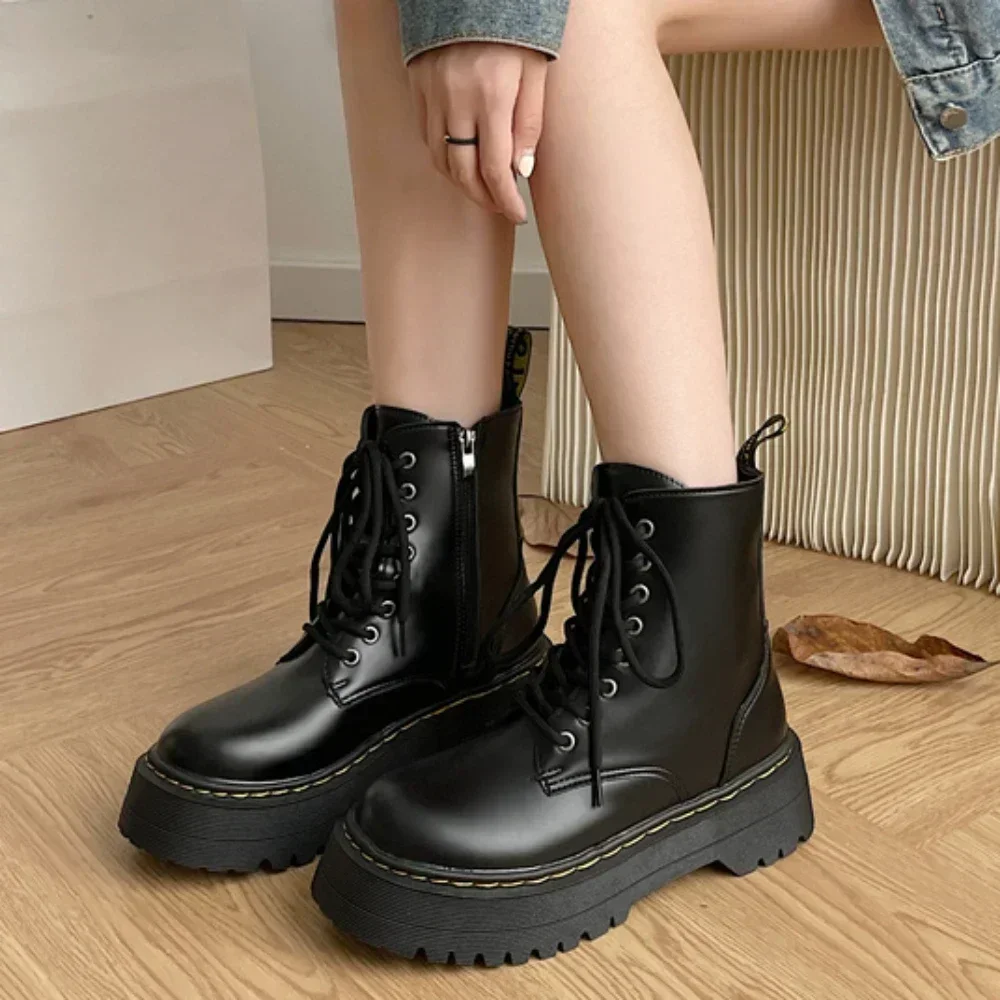 New Women Motorcycle Boots Casual Shoes Woman Leather Minimalist Classic Punk Female Goth Shoes Platform Boots Women Botas Mujer