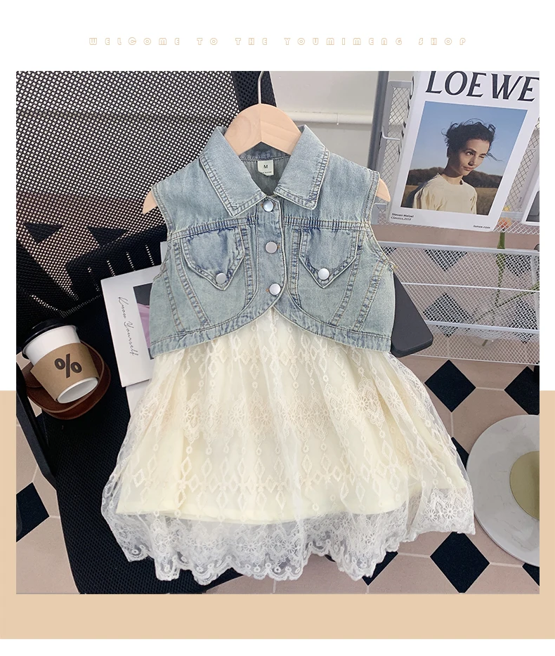 2024 Summer Girls Denim Vest Coat+ Lace Dress Clothes Suits Princess Dress Suspender Dress 2pcs Clothing Sets