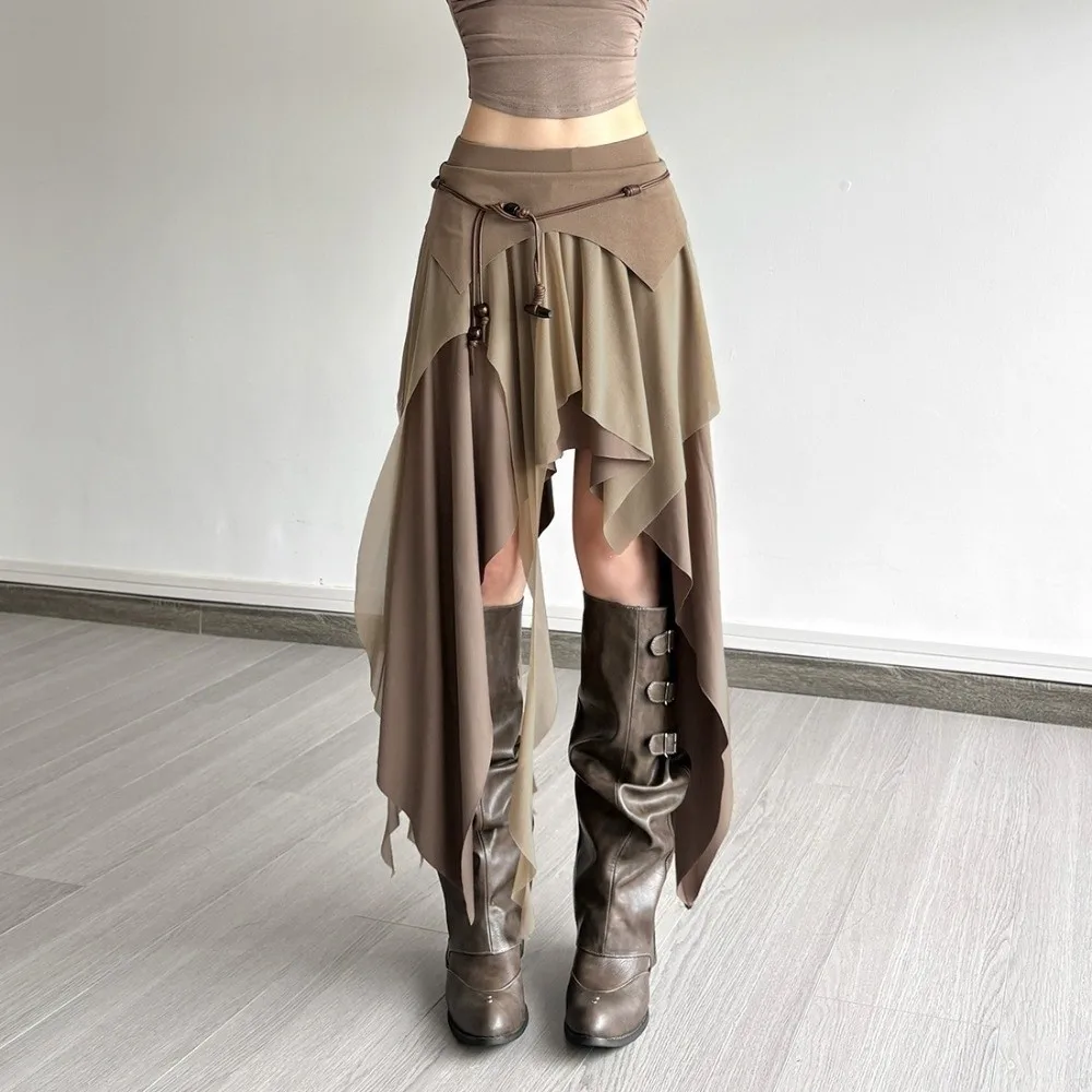 Falda Asimétrica Boho de Cintura Alta para Mujer, Falda Midi Estilo Punk con Dobladillo Irregular, Falda Escalonada Y2K para Mujer, Ropa de Vacaciones