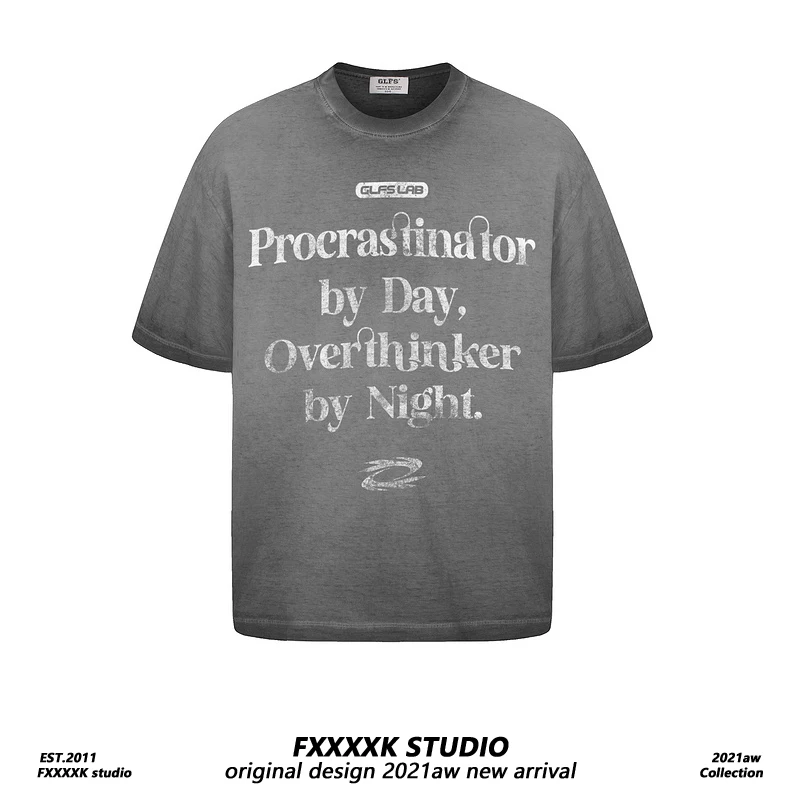 

FXK Original Vintage Waed Heavyweight Pure Cotton ort Sve T-irt Letter Print Loose Couple Summer Casual Tee