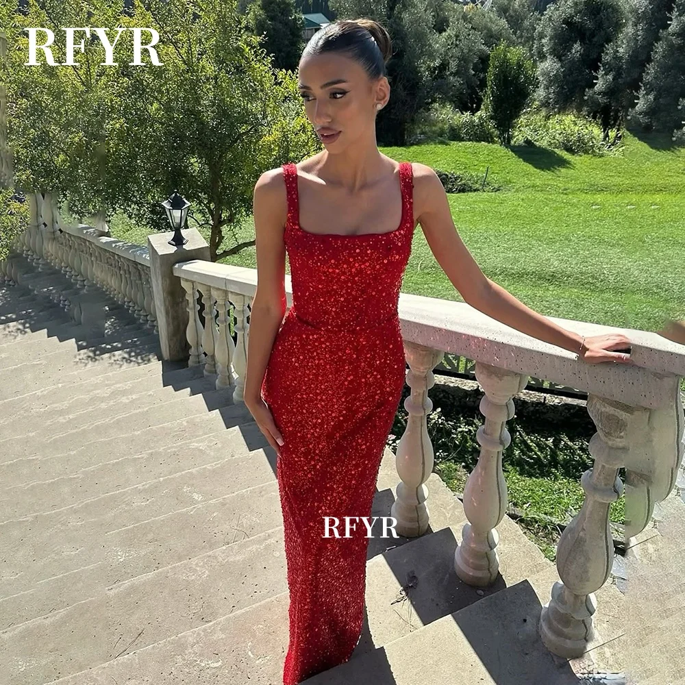 

RFYR Red Shiny Evening Dresses Glitter Prom Dress Straight Party Dress with Square Neck مناسبة رسمية Customized