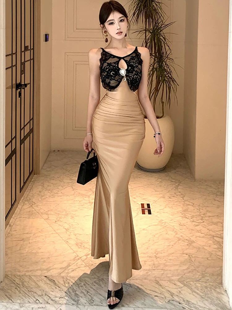 

Fashion Patchwork Black Lace Sexy Sling Dress for Women 2026 Korean Vintage Luxury Evening Dress Spring Korean Elegant Vestidos