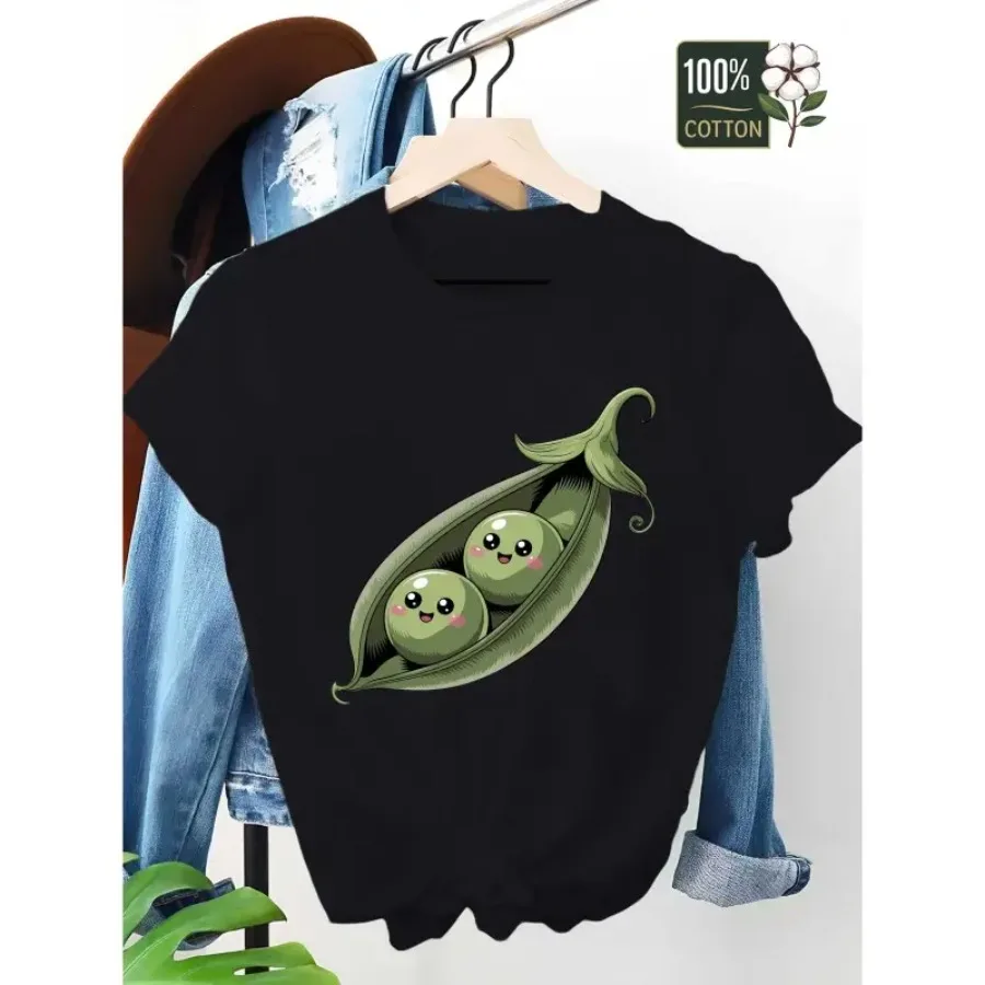 

【New style】Women's 100% Kawaii Pea Pod and Snap Peas Graphic T-Shirt - Soft Round Neck Casual Casual Attire Cute Smiling Pea Po