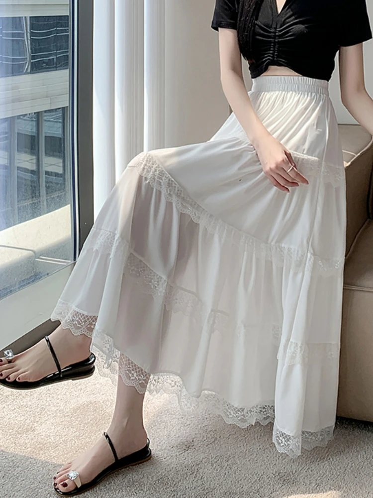 Midi Long Skirt Women White Skirt 2024 Mori Girl Style Sweet Crochet Lace Spring Summer High Waisted A-Line Pleated Skirts rok