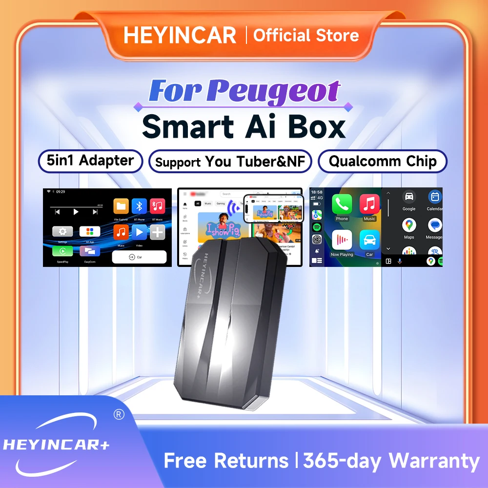 2024 HEYINCAR Smart AI Box  Android Auto Wireless CarPlay Adapter For Peugeot 208 308 408 508 2008 3008 4008 5008 For YouTube