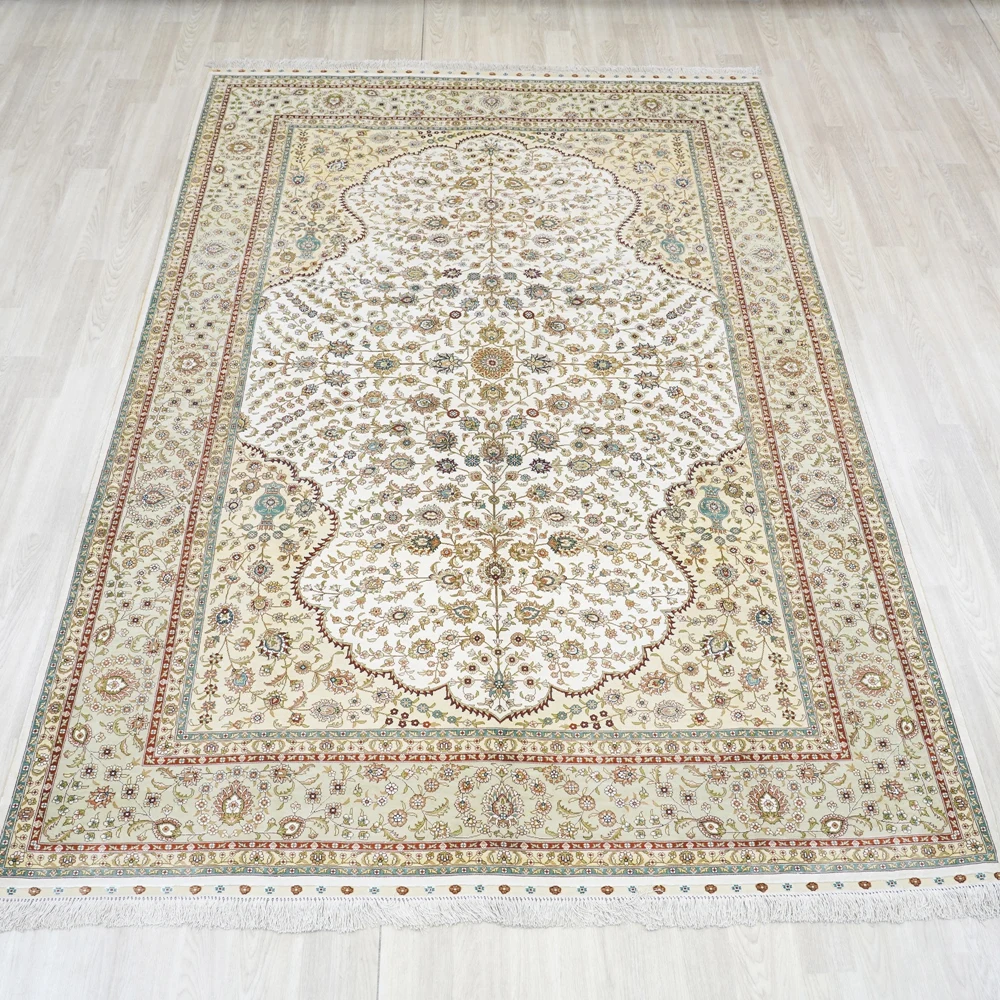 183x274cm Kashmir Silk Carpet Vantage Exquisite Medallion Handmade Persian Rug (TJ667A)