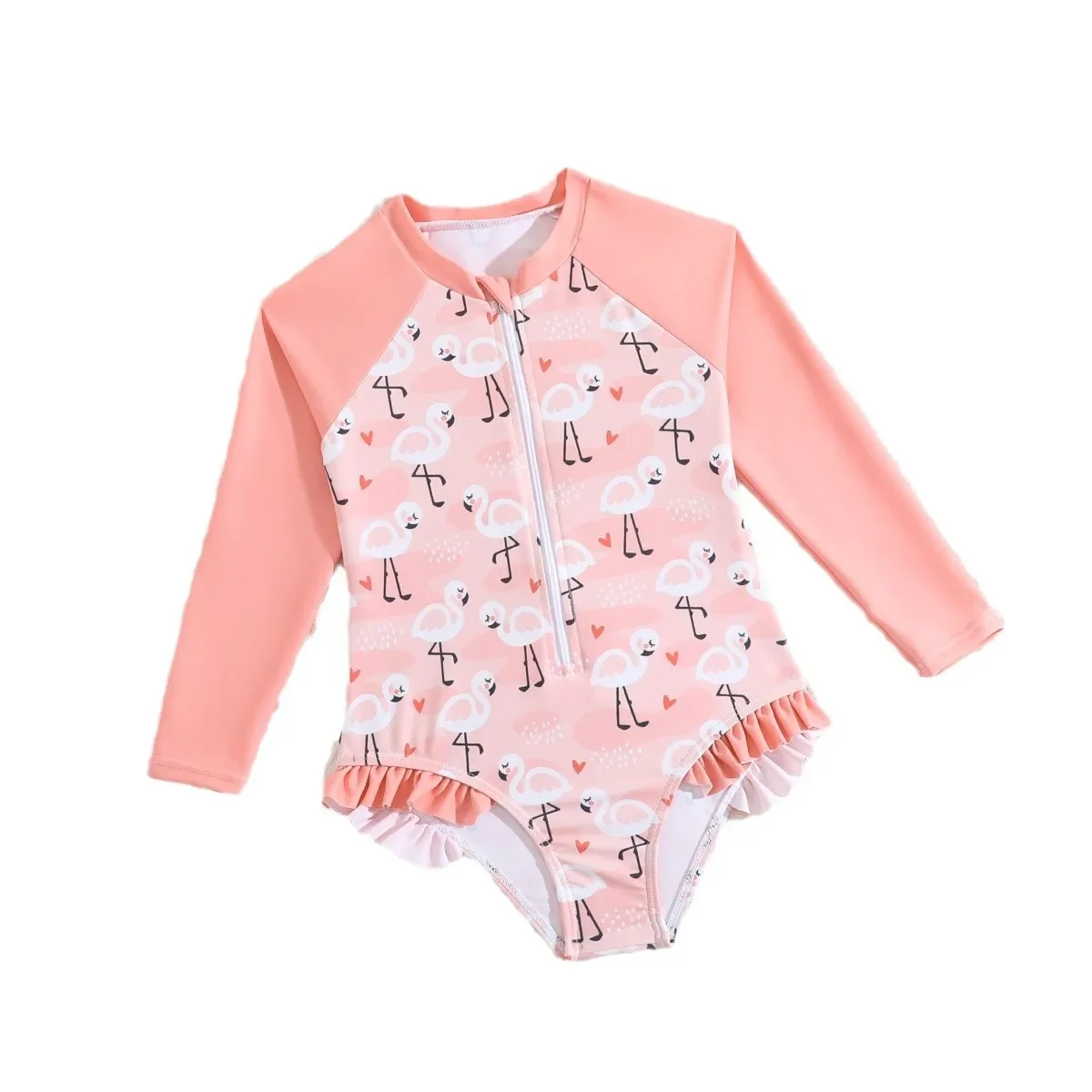 New 2025 Summer Girls One-piece Swimsuit Kids Long Sleeve Zipper Quick-Dry Cute Cartoon Flamingo Swimwear Baby Bathing Costume