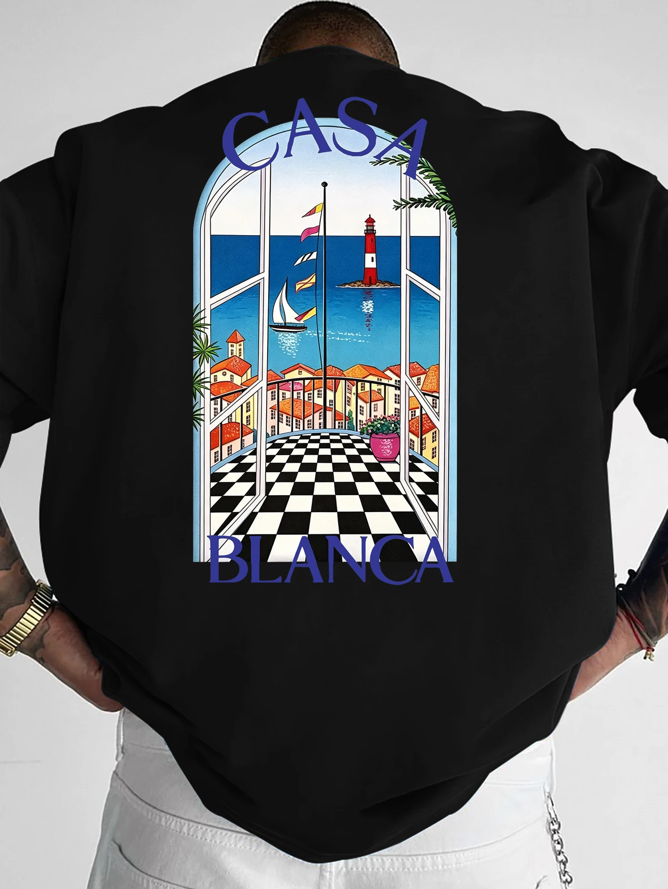 Men Oversized Crew Neck T-shirt Mediterranean Seaside Lighthouse Graphic Print Casual Tee S-XXL