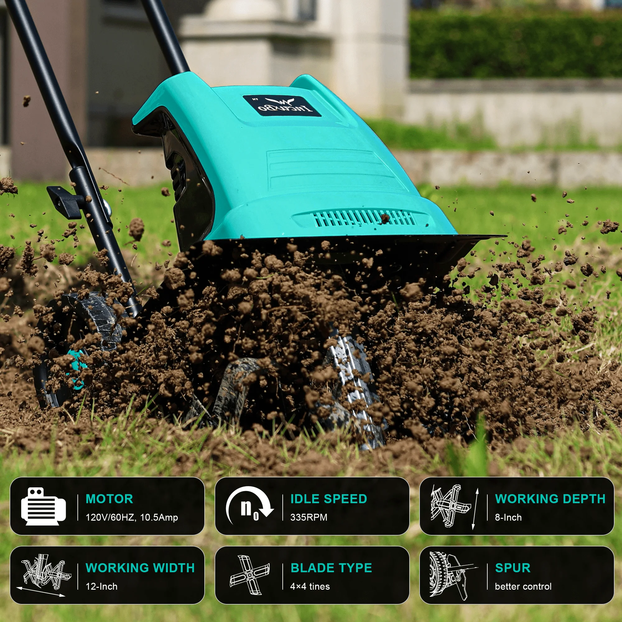 IncwBo Corded Rototiller 10.5 แอมป์ 12 นิ้วไฟฟ้า Tiller/Cultivator 4 Steel Tines ขนาดเล็ก Garden Tiller สําหรับสวน