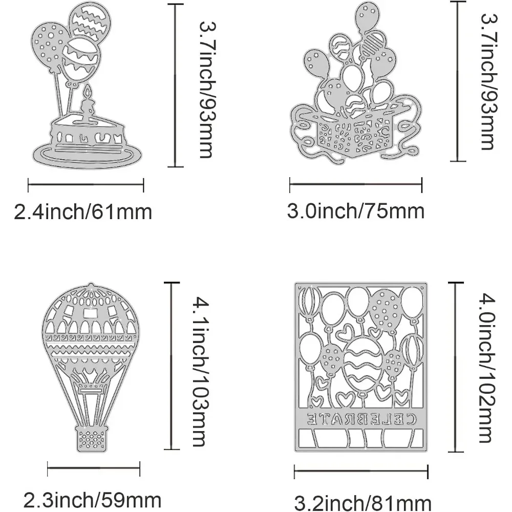 생일 풍선 금속 커팅 다이 템플릿, 생일 케이크 선물, DIY 스크랩북 인사 카드 만들기 앨범, 4 개