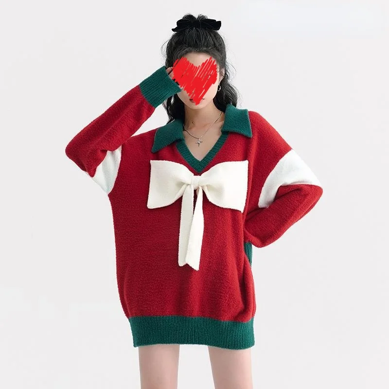 

Women's Christmas Sweater 2021 Winter New Style Red Sweet Cool Cute Bow Knit Sweater Elegant and Beautiful Women's Blouse Red